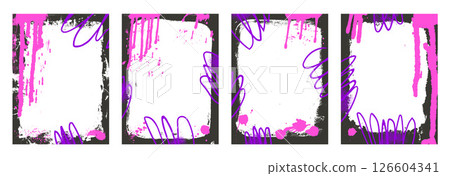 Grunge text boxes set. Framework templates with graffiti spread art. Mockup backgrounds for photo. Border with airbrush lines. Banner overlay with retro texture. Vector illustration 126604341