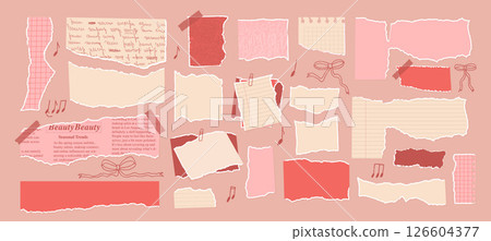 Set of torn papers with coquette cutouts. Tear romantic sheet pieces with music note and bows. Blanks with uneven textured edges. Empty pink callout for text. Vector hand drawn illustration 126604377