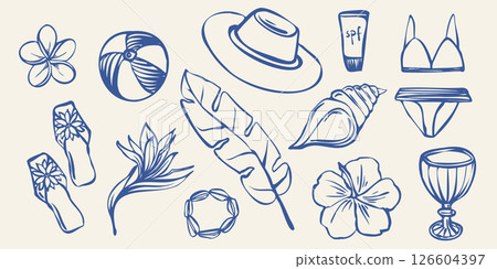 Hand drawn summer vacation elements including tropical flowers, leaves, drinks, shells, spf, swimwear, suitcase, hat. line art style. Suitable for coloring books, posters, packaging, web stickers 126604397