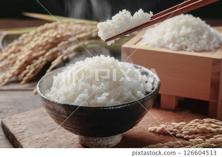 他用筷子從飯碗夾起熱氣騰騰的米飯。背景是稻穗。日本食物形象 他用筷子從飯碗夾起熱氣騰騰的米飯。背景是稻穗。日本食物形象 126604513