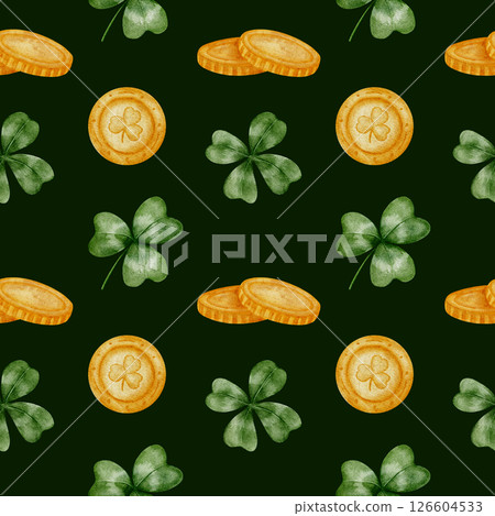 Hand drawn watercolor clovers and horseshoes pattern . Green shamrocks and golden lucky symbols create a festive seamless ornament. Perfect for textiles, wallpapers, packaging, scrapbooking 126604533