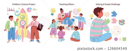 Vector illustration of children engaging in a science project with charts, teaching others in a group setting, and solving puzzles. Emotions of curiosity and collaboration are visible. 126604549