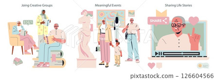 Silver Society set. Older adults participating in creative groups, attending cultural events, and sharing stories online. Building connections, celebrating creativity, and embracing meaningful 126604566