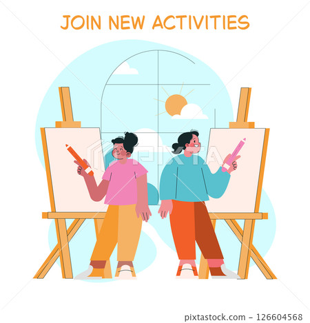 Vector illustration depicting two kids holding pencils, smiling as they stand in front of easels ready to create art. The scene promotes creativity and fun in art education. 126604568
