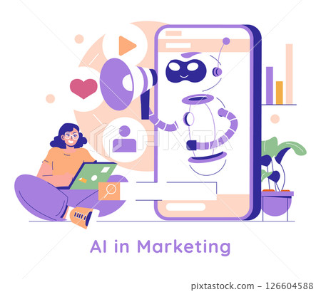 AI in Marketing concept. Illustration of a woman using a laptop with AI tools displayed on a giant smartphone, enhancing digital marketing. 126604588