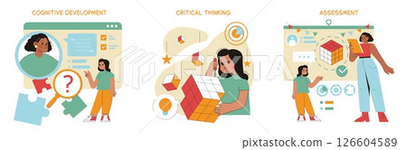 Preschool education illustration focusing on cognitive development, critical thinking, and assessment. It highlights the importance of engaging children in learning processes, enhancing their skills Preschool education illustration focusing on cognitive development, critical thinking, and assessment. It highlights the importance of engaging children in learning processes, enhancing their skills 126604589