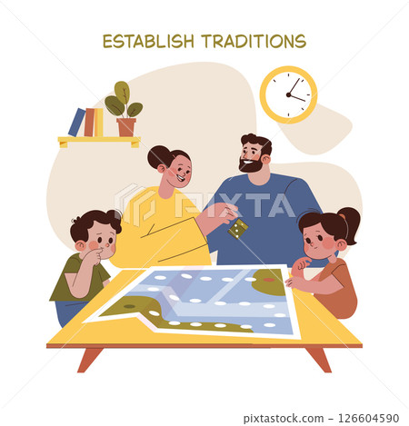 A family enjoys a board game night, laughing and bonding over the game. The parents and children gather around a table, engaging in fun and strengthening family traditions. Vector illustration. A family enjoys a board game night, laughing and bonding over the game. The parents and children gather around a table, engaging in fun and strengthening family traditions. Vector illustration. 126604590