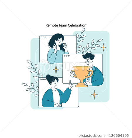 Vector illustration of a remote team celebrating a success through a video call. Features team members expressing joy and holding a trophy, highlighting teamwork and achievement. 126604595