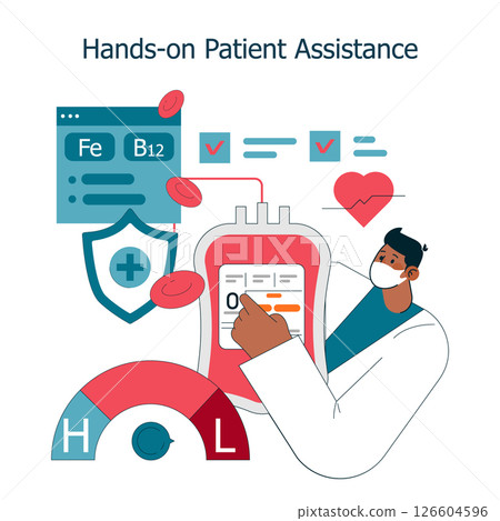 International Nurses Day is celebrated with hands-on patient assistance. A healthcare worker analyzes a blood bag while monitoring vital statistics and health data to ensure proper patient care 126604596