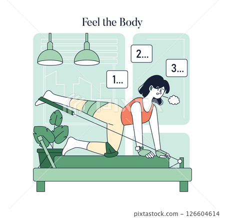 Pilates illustration showing a person engaged in a reformer workout session. Emphasizing flexibility, strength, and core stability. Ideal for wellness and fitness content. Vector illustration. 126604614