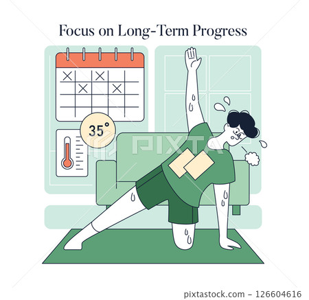 Illustration conveying the importance of long-term progress in Pilates practice. A person exercises comfortably at home, emphasizing consistency and sweat as a key to success. Vector illustration. 126604616