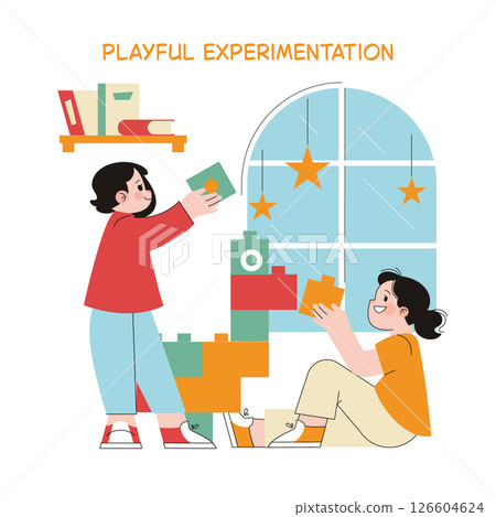 Preschool education emphasizes playful experimentation, showcasing children engaging in creative building activities. Their joyful interactions with colorful blocks foster learning and development. Preschool education emphasizes playful experimentation, showcasing children engaging in creative building activities. Their joyful interactions with colorful blocks foster learning and development. 126604624