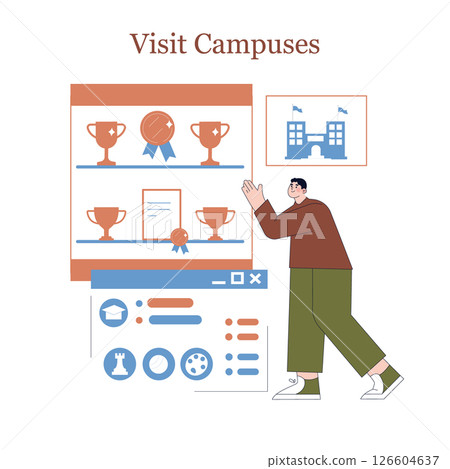 College choice exploration through campus visits. The illustration captures a character engaging with academic achievements and campus options. Discover opportunities for future education. Vector College choice exploration through campus visits. The illustration captures a character engaging with academic achievements and campus options. Discover opportunities for future education. Vector 126604637