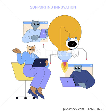 AI enhances innovation for mid-sized businesses through collaboration. The illustration depicts characters engaging with technology, signifying teamwork and creative problem-solving in the corporate 126604639