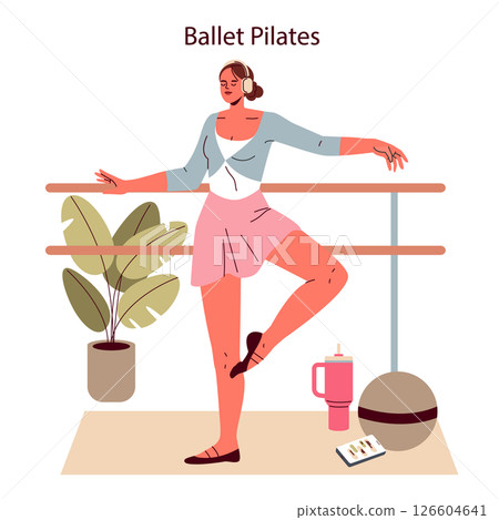 Ballet Pilates illustration. Woman practicing ballet-inspired Pilates by a barre, showcasing strength and flexibility. Elements include a plant, water bottle, and exercise ball. Vector illustration. Ballet Pilates illustration. Woman practicing ballet-inspired Pilates by a barre, showcasing strength and flexibility. Elements include a plant, water bottle, and exercise ball. Vector illustration. 126604641