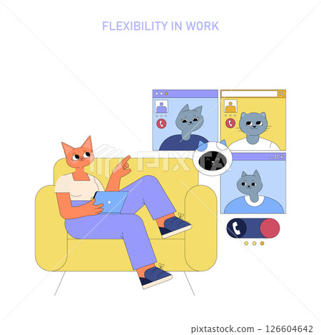 Vector illustration of an anthropomorphic fox using a laptop for remote work, engaged in a video call with multiple cat characters. 126604642