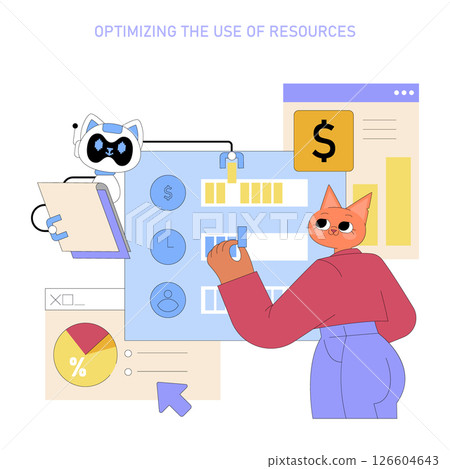 AI tools are transforming managerial tasks by enhancing resource optimization. A cat character engages with charts and data, reflecting the efficiency and effectiveness of modern management practices. AI tools are transforming managerial tasks by enhancing resource optimization. A cat character engages with charts and data, reflecting the efficiency and effectiveness of modern management practices. 126604643