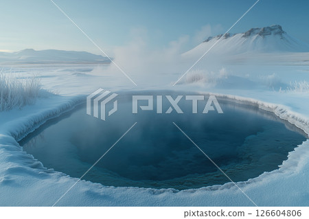 Relaxing in a geothermal hot spring surrounded by snowy mountains in Iceland 126604806