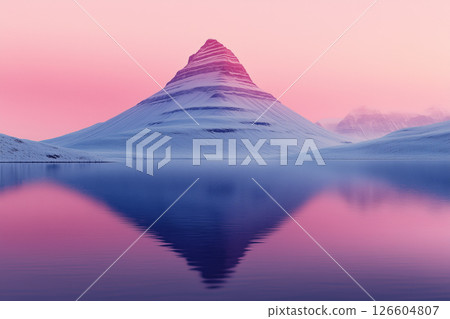 Majestic mountain peak reflecting in calm water during sunrise Majestic mountain peak reflecting in calm water during sunrise 126604807