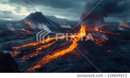 Lava erupts from the depths of a mountain in an Icelandic volcanic landscape 126604813