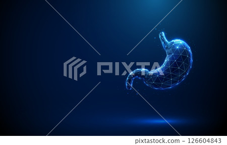 Abstract blue human stomach structure. Stomach anatomy, cardia, fundus, body, antrum, pylorus. Healthcare medical anatomical concept. Abstract blue human stomach structure. Stomach anatomy, cardia, fundus, body, antrum, pylorus. Healthcare medical anatomical concept. 126604843