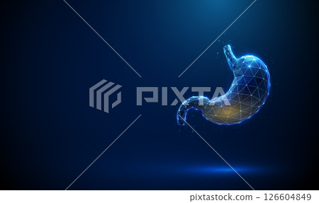 Blue human stomach with visible gastric juice inside. Digestive fluid secretion, stomach acid concept. Blue human stomach with visible gastric juice inside. Digestive fluid secretion, stomach acid concept. 126604849