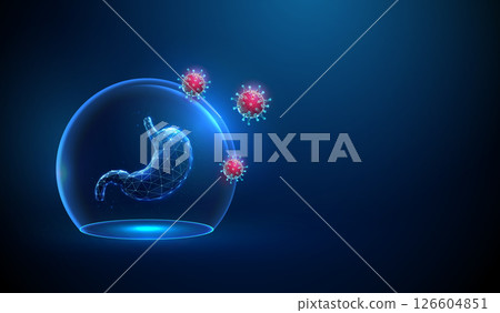Abstract blue human stomach inside a glass dome attacked by red viruses. Stomach protection, viral infection, digestive disease, treatment concept 126604851