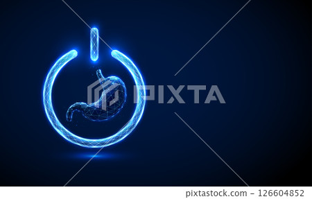 Abstract blue stomach inside a power button. Stomach health protection and personalized treatment concept. 126604852