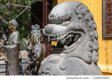 Gangaramaya Temple, Colombo, Sri Lanka. Decorative stone lion statue Gangaramaya Temple, Colombo, Sri Lanka. Decorative stone lion statue 126604864