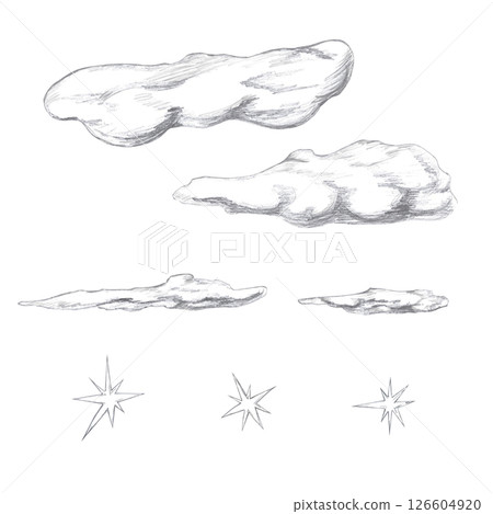 Set of clouds and stars. Isolated pencil illustration for coloring books, greeting cards, Halloween theme parties, fabric printing, interior design. 126604920