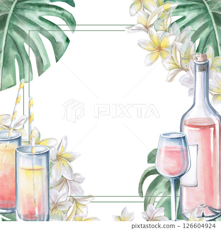 Square frame with plumeria flowers, monstera leaves, wine bottle and juice. Isolated watercolor illustration for restaurant menu design, interior, wedding cards, poster printing. Square frame with plumeria flowers, monstera leaves, wine bottle and juice. Isolated watercolor illustration for restaurant menu design, interior, wedding cards, poster printing. 126604924