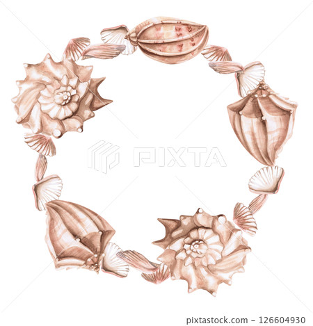 Round frame of sea shells. Isolated watercolor illustration on a marine theme for the design of printed products, tableware, printing on textiles, interior design. 126604930