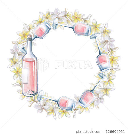 Round frame of wine bottle, glasses and plumeria flowers. Isolated watercolor illustration for print design, tableware, textile printing, interior design 126604931