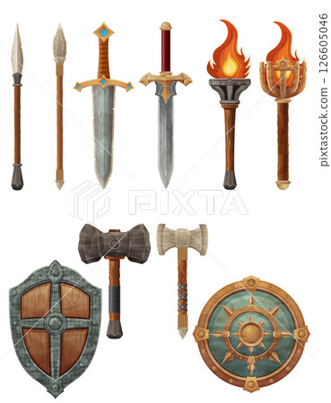 set fantasy ancient weapons shields vector illustration 126605046