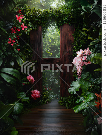 Floral tropical letter H with palm leaves and flowers. floral monogram for design 126605053