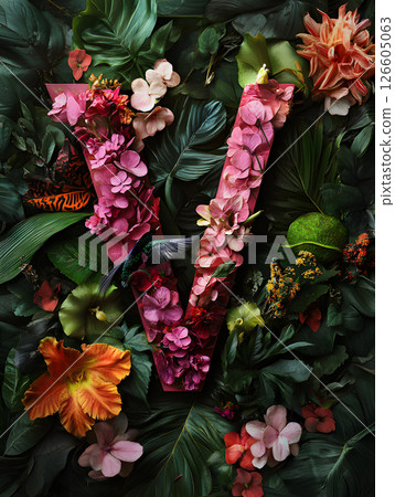 Floral tropical letter V with palm leaves and flowers. floral monogram for design 126605063