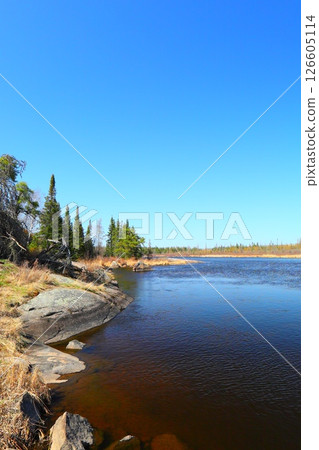 river among coniferous forest and rocks, northern nature river among coniferous forest and rocks, northern nature 126605114