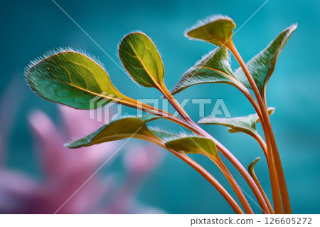 Close-up of young spinach leaves with fine hairs against soft turquoise background 126605272