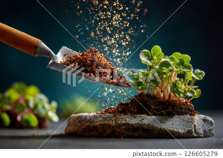 Trowel lifting granular soil beside seedling in early growth stage 126605279