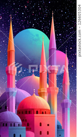 Vivid fantasy palace with glowing minarets under starlit sky and colorful planets 126605304
