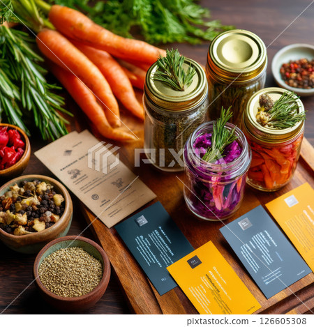 Fermented vegetables in glass jars surrounded by herbs and roots on wood tray 126605308