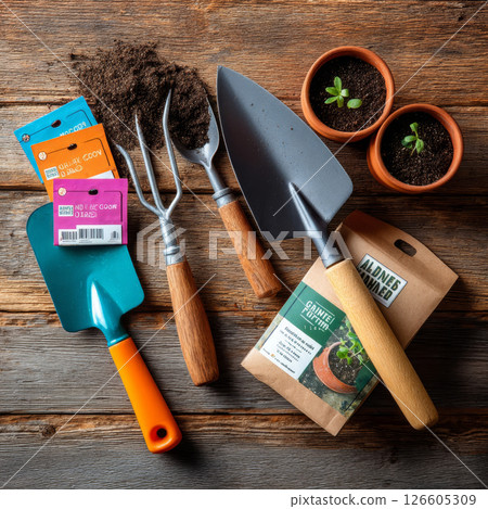 Gardening tools with seed packets and young plant sprouts on wooden background Gardening tools with seed packets and young plant sprouts on wooden background 126605309
