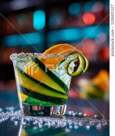Green cocktail with curled citrus peel and cucumber garnish in a bar setting 126605327