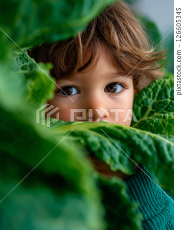 Portrait of a young child with deep brown eyes peeking through green cabbage leaves 126605345
