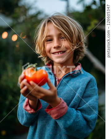 Young boy joyfully presenting a ripe red tomato freshly picked from garden plants 126605347