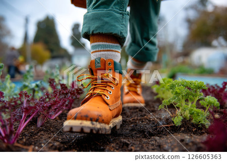 Close-up view of muddy boot walking through garden soil among fresh vegetables on farm 126605363