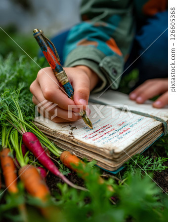 Child writing garden notes in weathered notebook while sitting among freshly harvested carrots 126605368