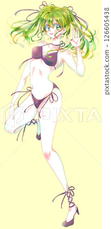 Idol-like woman in swimsuit, green hair, black Idol-like woman in swimsuit, green hair, black 126605438