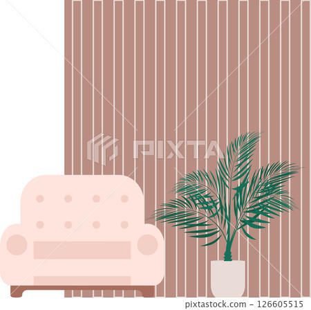 Hygge style living room illustration with home furniture. Armchair and wooden wall, homeplant. Cozy furniture Hygge style living room illustration with home furniture. Armchair and wooden wall, homeplant. Cozy furniture 126605515
