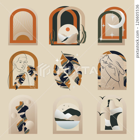 Hand drawn vector simple style element collection. Aesthetic illustration with landscape elements. Woman design concept art for print, logo, badge, sticker 126605536